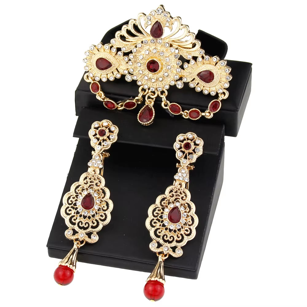 Sunspicems Algeria Morocco Wedding Jewelry Brooch Earring Sets for Women Gold Color Arabic Turkey Abaya Caftan Pins Bijoux Gift