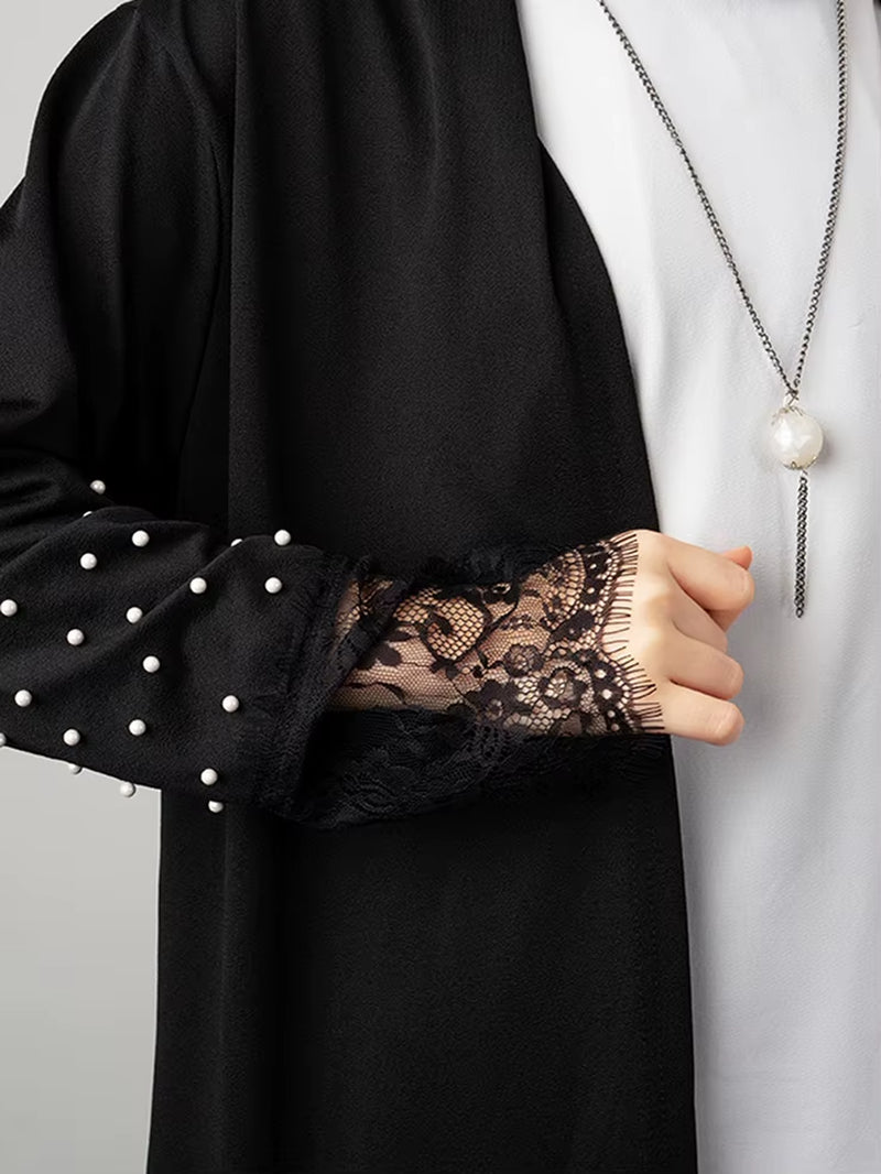 Beading Cardigan Outfit Black Patchwork Lace Open Abaya in Dubai Muslim Kaftan Abaya Caftan Prayer Ramadan Eid Al-Adha Outwear