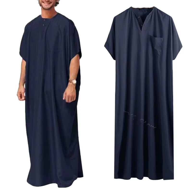 Men Islamic Arabic Kaftan Vintage Solid Short Sleeve Loose Retro Robes Abaya Dubai Middle East Muslim Clothing S-5XL