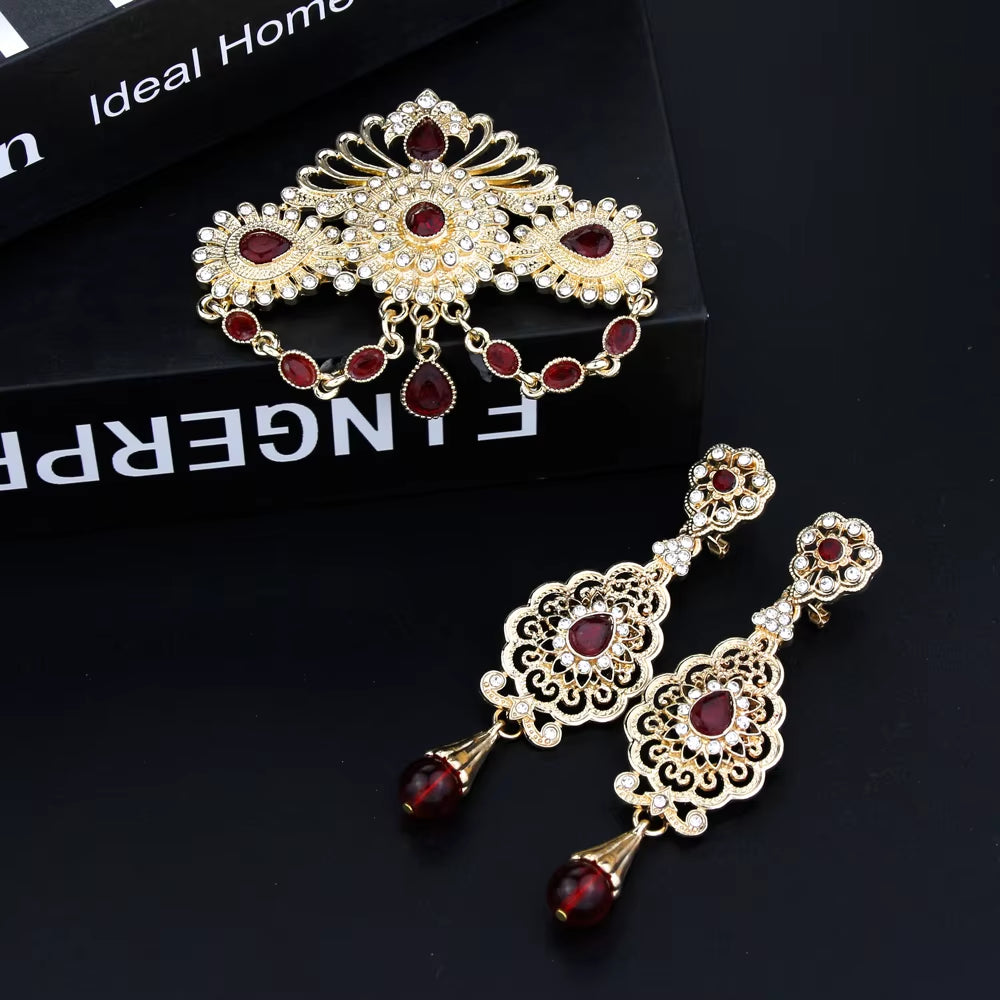 Sunspicems Algeria Morocco Wedding Jewelry Brooch Earring Sets for Women Gold Color Arabic Turkey Abaya Caftan Pins Bijoux Gift