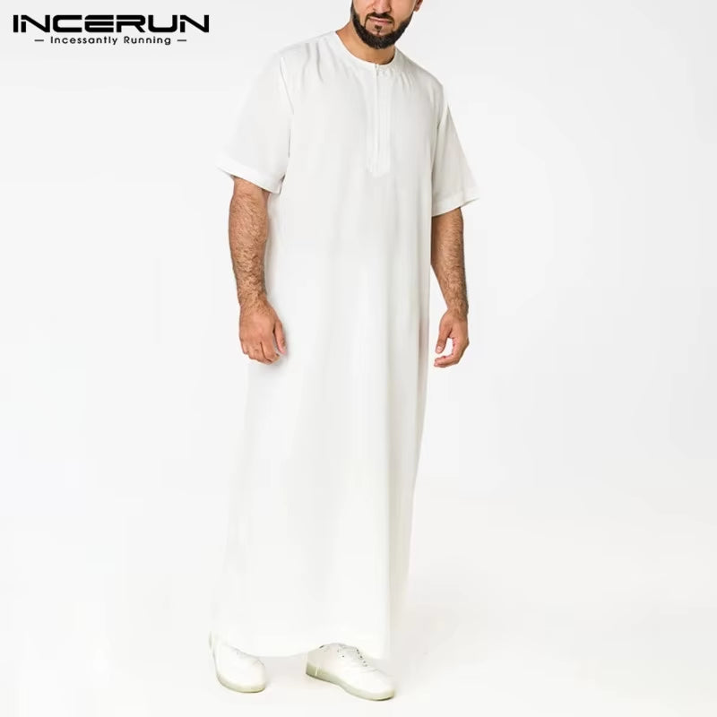 INCERUN Men Muslim Kaftan Short Sleeve Solid O Neck Jubba Thobe Abaya Middle East Dubai Saudi Arabia Islamic Mens Robes S-5XL
