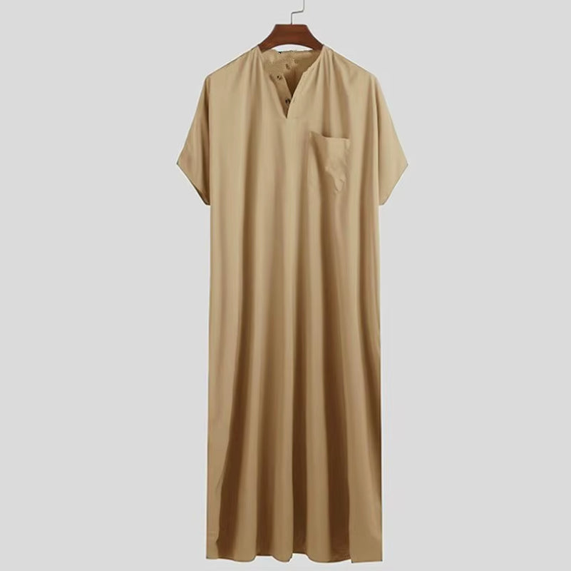 Men Islamic Arabic Kaftan Vintage Solid Short Sleeve Loose Retro Robes Abaya Dubai Middle East Muslim Clothing S-5XL
