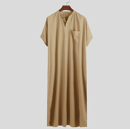 Men Islamic Arabic Kaftan Vintage Solid Short Sleeve Loose Retro Robes Abaya Dubai Middle East Muslim Clothing S-5XL