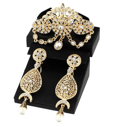 Sunspicems Algeria Morocco Wedding Jewelry Brooch Earring Sets for Women Gold Color Arabic Turkey Abaya Caftan Pins Bijoux Gift