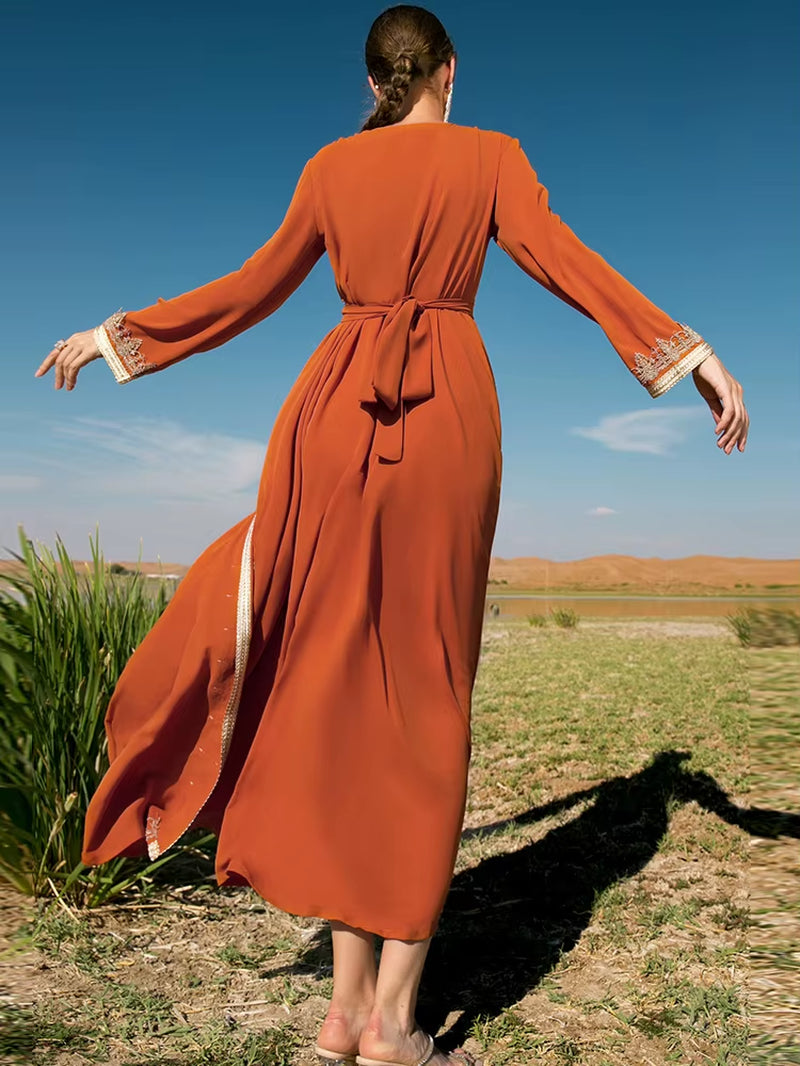 Eid Morocco Muslim Party Dress for Women Abaya Fake 2 Piece Set Islamic Dresses Belt Diamond Kaftan Vestidos Maxi Abayas Caftan