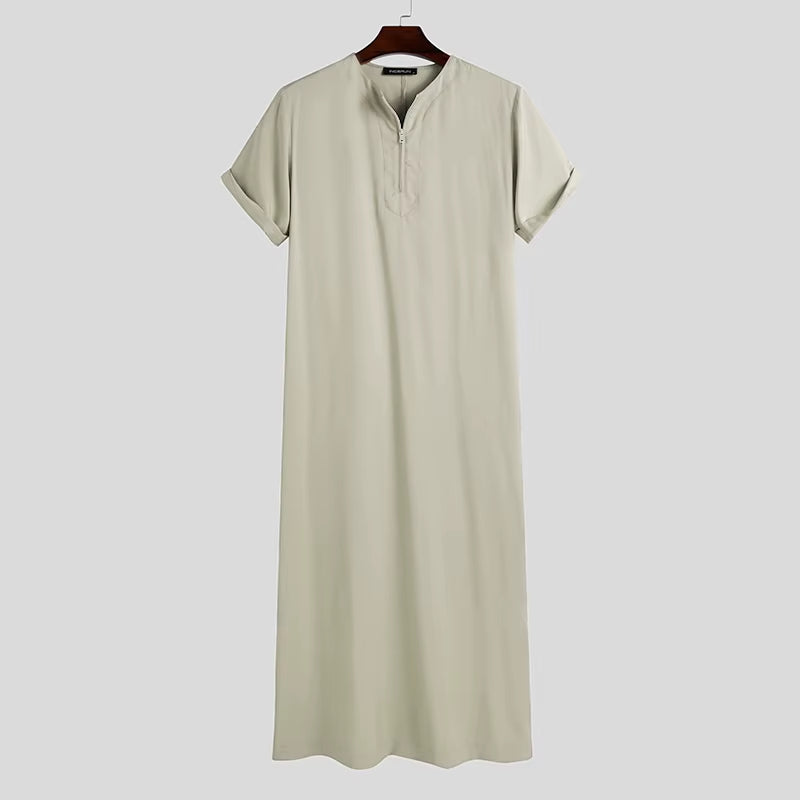 INCERUN Men Muslim Kaftan Short Sleeve Solid O Neck Jubba Thobe Abaya Middle East Dubai Saudi Arabia Islamic Mens Robes S-5XL