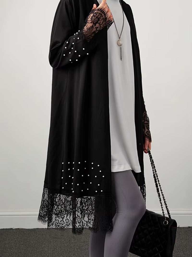 Beading Cardigan Outfit Black Patchwork Lace Open Abaya in Dubai Muslim Kaftan Abaya Caftan Prayer Ramadan Eid Al-Adha Outwear