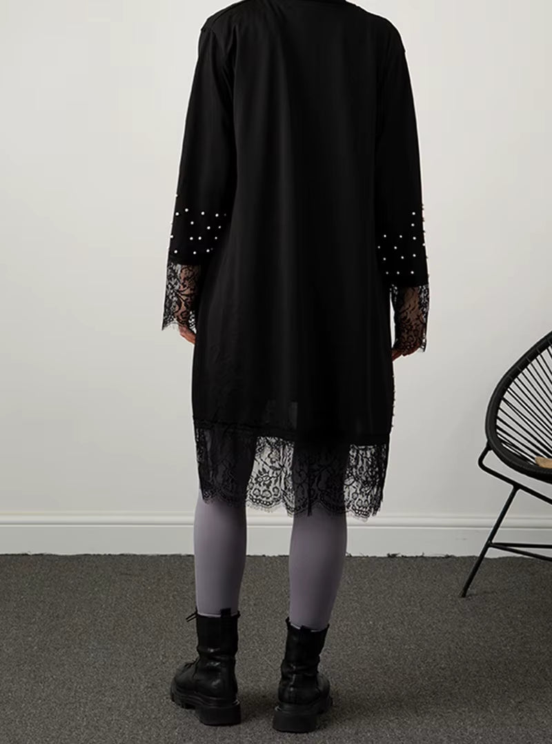 Beading Cardigan Outfit Black Patchwork Lace Open Abaya in Dubai Muslim Kaftan Abaya Caftan Prayer Ramadan Eid Al-Adha Outwear