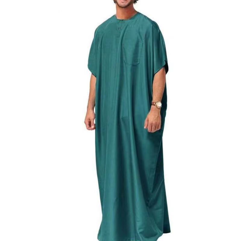 Men Islamic Arabic Kaftan Vintage Solid Short Sleeve Loose Retro Robes Abaya Dubai Middle East Muslim Clothing S-5XL