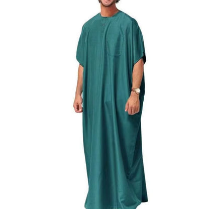 Men Islamic Arabic Kaftan Vintage Solid Short Sleeve Loose Retro Robes Abaya Dubai Middle East Muslim Clothing S-5XL