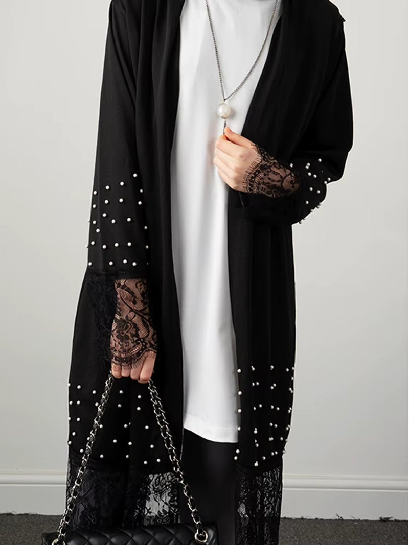 Beading Cardigan Outfit Black Patchwork Lace Open Abaya in Dubai Muslim Kaftan Abaya Caftan Prayer Ramadan Eid Al-Adha Outwear