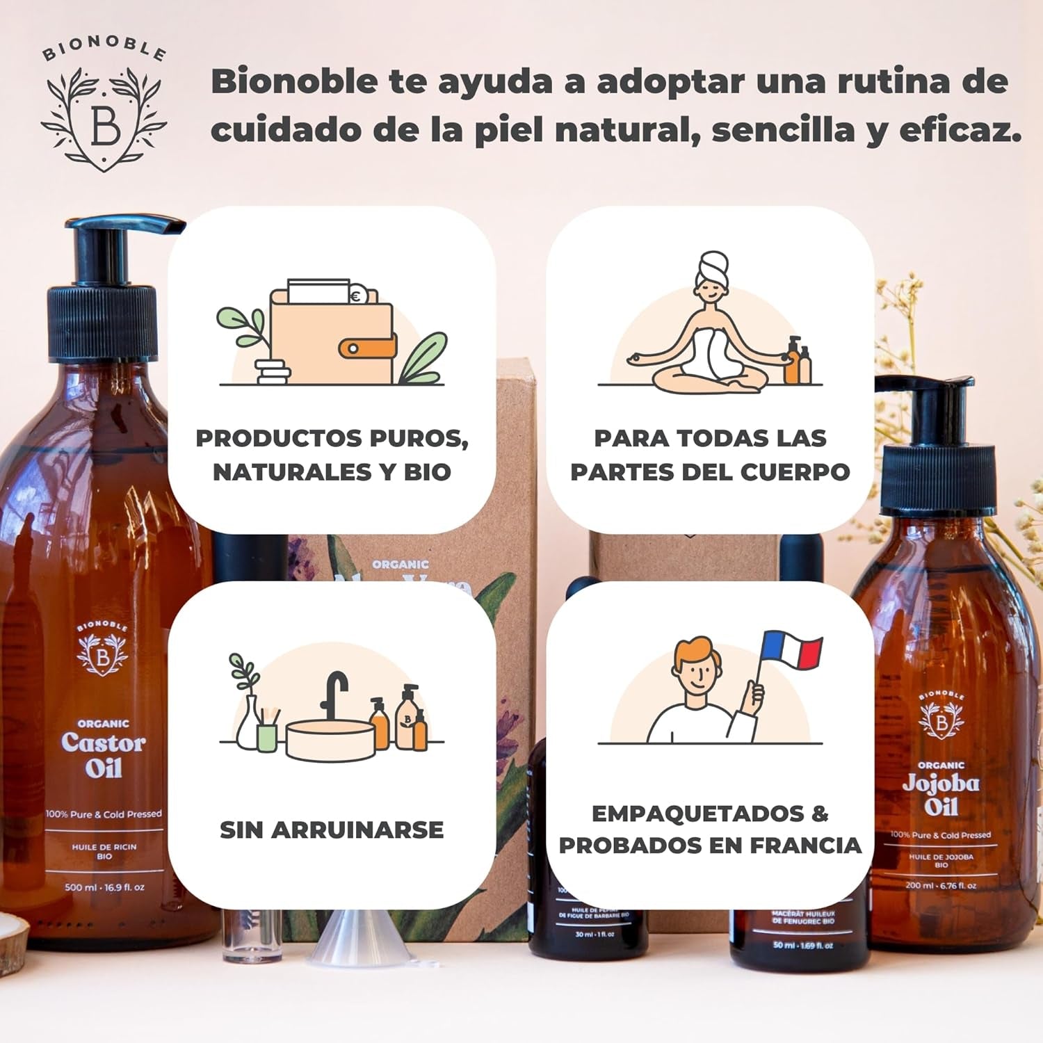 BIONOBLE Aceite De Jojoba 100 Puro Y Natural, Orgánico, Prensado En Frío - Equilibra El Sebo, anti Imperfecciones - Aceite Pelo, Piel, Uñas - Organic Jojoba Oil - Botella Vidrio, Bomba, Pipeta - 100Ml