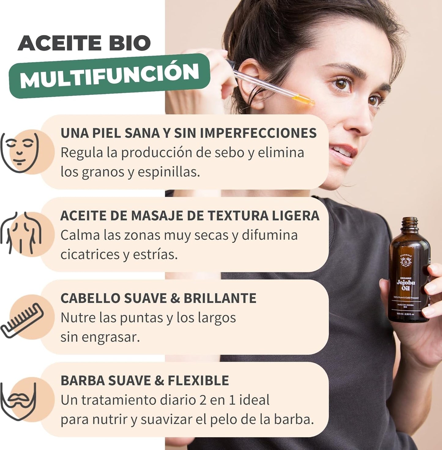 BIONOBLE Aceite De Jojoba 100 Puro Y Natural, Orgánico, Prensado En Frío - Equilibra El Sebo, anti Imperfecciones - Aceite Pelo, Piel, Uñas - Organic Jojoba Oil - Botella Vidrio, Bomba, Pipeta - 100Ml