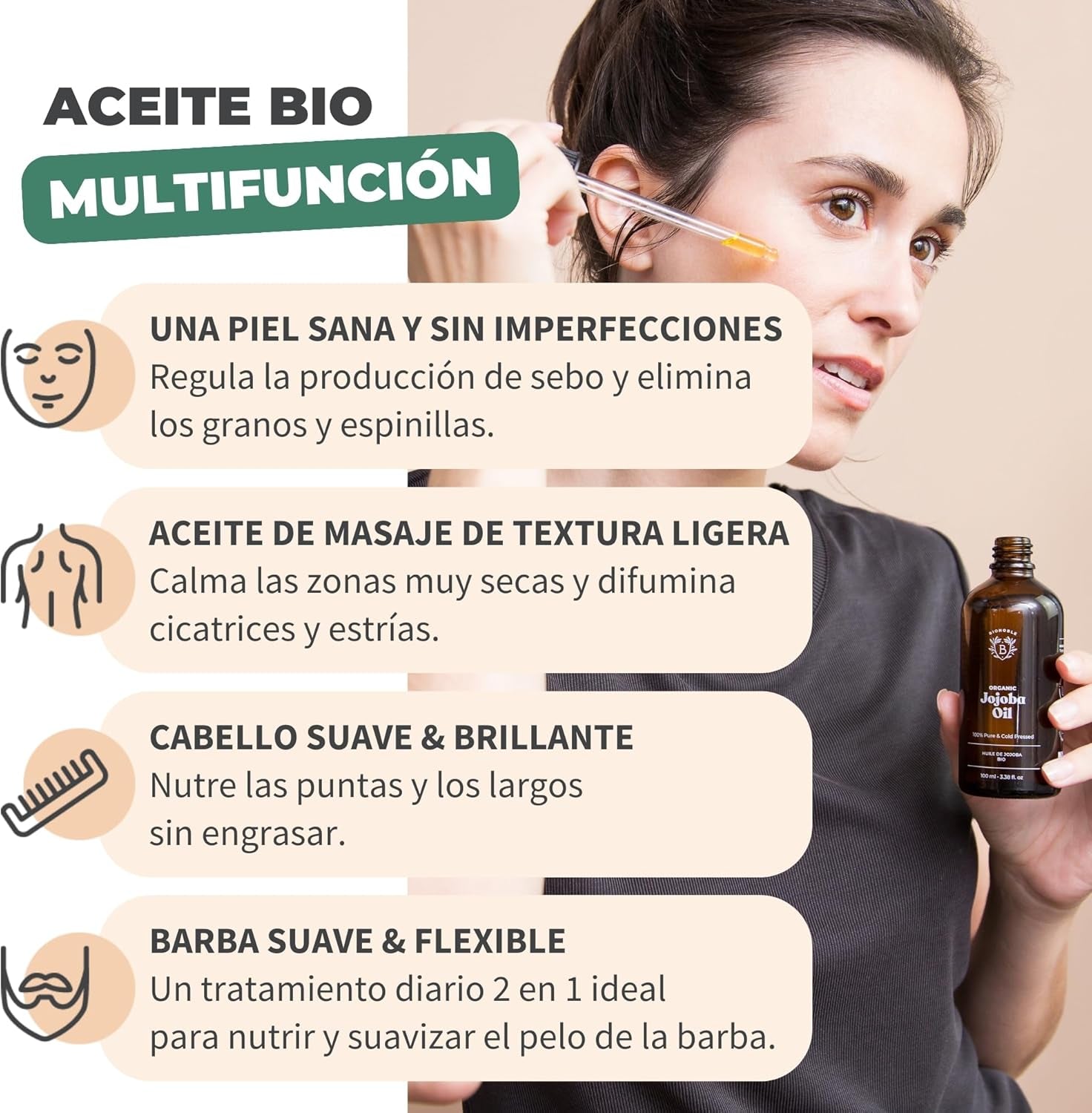 BIONOBLE Aceite De Jojoba 100 Puro Y Natural, Orgánico, Prensado En Frío - Equilibra El Sebo, anti Imperfecciones - Aceite Pelo, Piel, Uñas - Organic Jojoba Oil - Botella Vidrio, Bomba, Pipeta - 100Ml