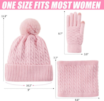 3Pcs Winter Women Beanie Hat Scarf and Touch Screen Gloves Sets Girls Classic Knit Warm Chunky Fleece Lined Cable Cap