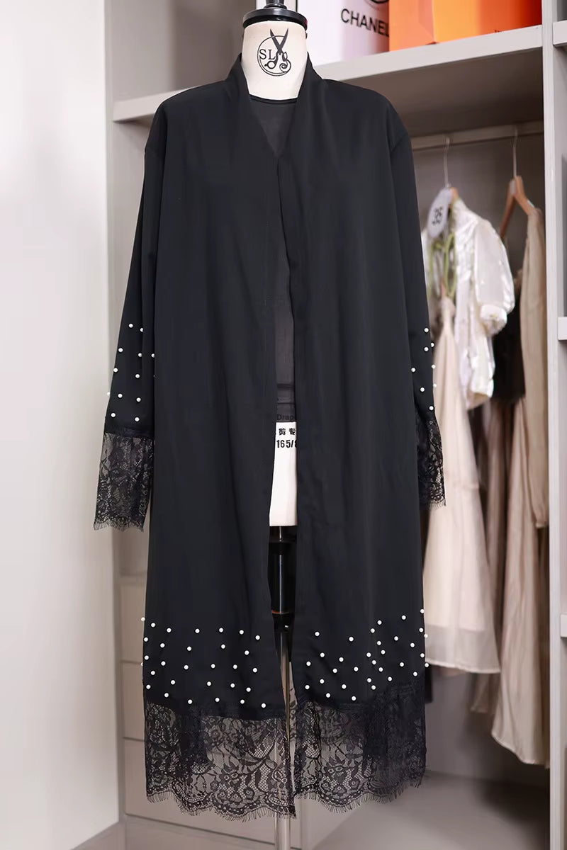 Beading Cardigan Outfit Black Patchwork Lace Open Abaya in Dubai Muslim Kaftan Abaya Caftan Prayer Ramadan Eid Al-Adha Outwear
