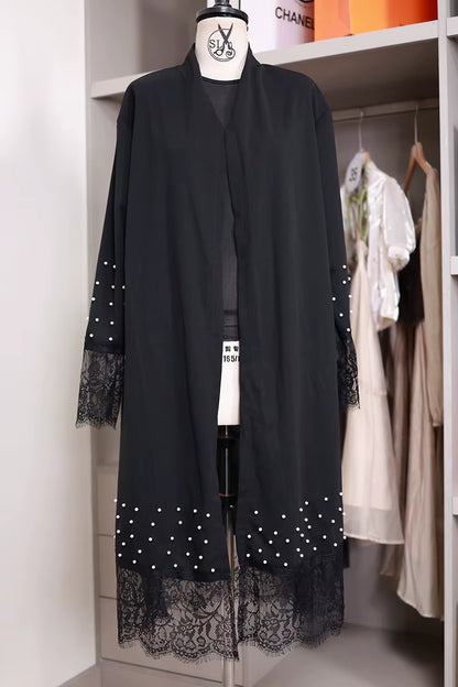 Beading Cardigan Outfit Black Patchwork Lace Open Abaya in Dubai Muslim Kaftan Abaya Caftan Prayer Ramadan Eid Al-Adha Outwear