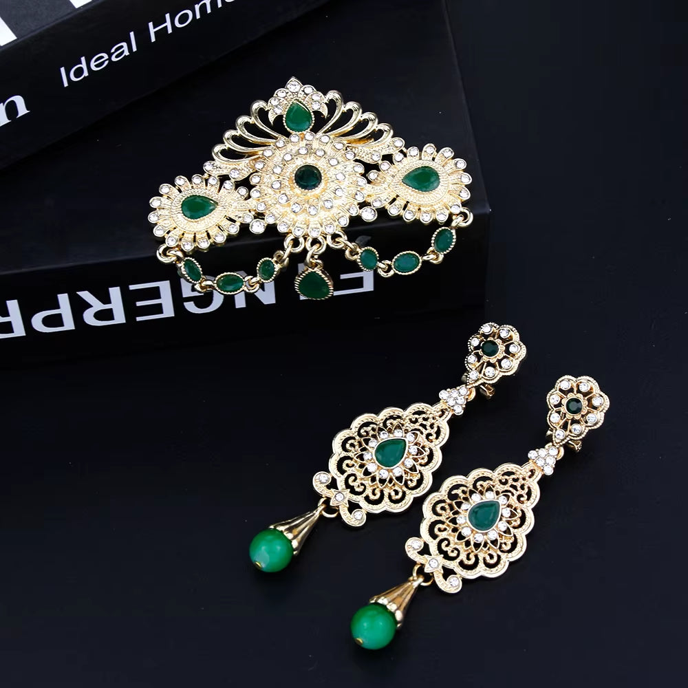 Sunspicems Algeria Morocco Wedding Jewelry Brooch Earring Sets for Women Gold Color Arabic Turkey Abaya Caftan Pins Bijoux Gift