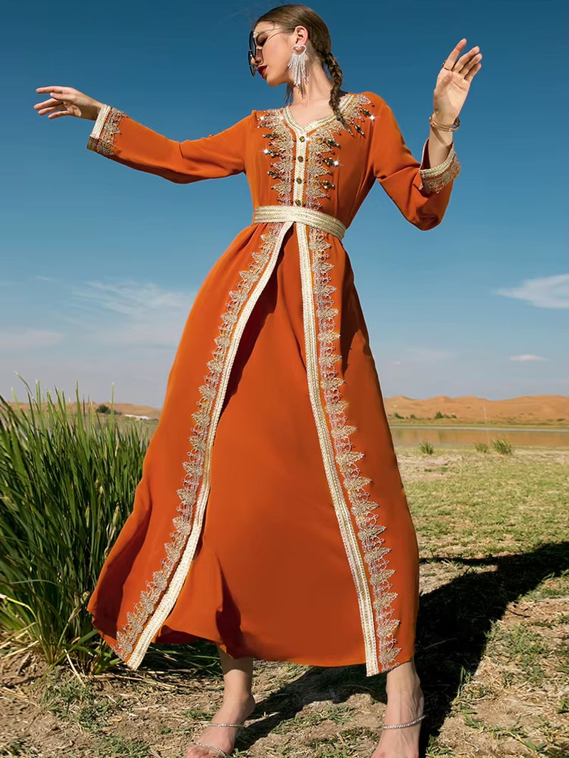 Eid Morocco Muslim Party Dress for Women Abaya Fake 2 Piece Set Islamic Dresses Belt Diamond Kaftan Vestidos Maxi Abayas Caftan