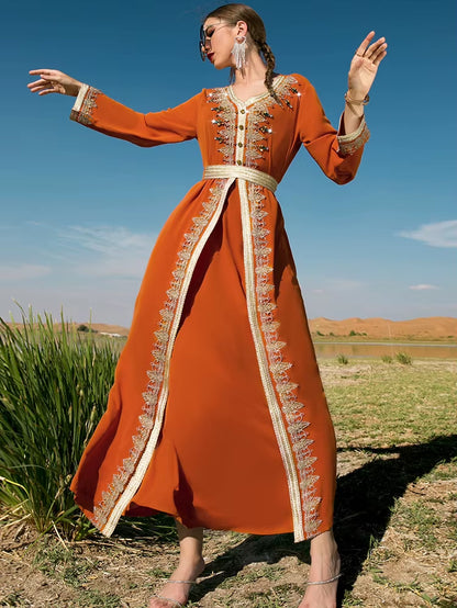 Eid Morocco Muslim Party Dress for Women Abaya Fake 2 Piece Set Islamic Dresses Belt Diamond Kaftan Vestidos Maxi Abayas Caftan