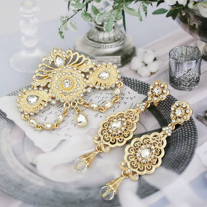 Sunspicems Algeria Morocco Wedding Jewelry Brooch Earring Sets for Women Gold Color Arabic Turkey Abaya Caftan Pins Bijoux Gift