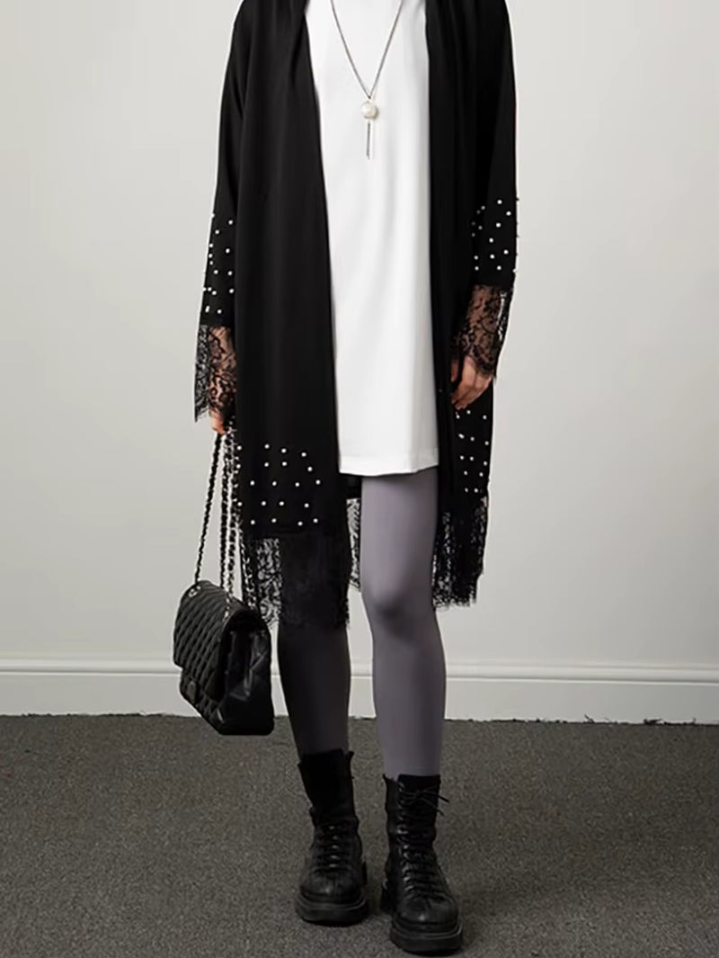 Beading Cardigan Outfit Black Patchwork Lace Open Abaya in Dubai Muslim Kaftan Abaya Caftan Prayer Ramadan Eid Al-Adha Outwear