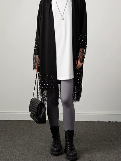 Beading Cardigan Outfit Black Patchwork Lace Open Abaya in Dubai Muslim Kaftan Abaya Caftan Prayer Ramadan Eid Al-Adha Outwear