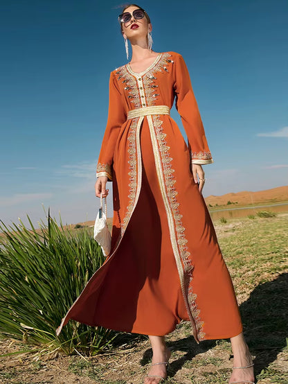 Eid Morocco Muslim Party Dress for Women Abaya Fake 2 Piece Set Islamic Dresses Belt Diamond Kaftan Vestidos Maxi Abayas Caftan