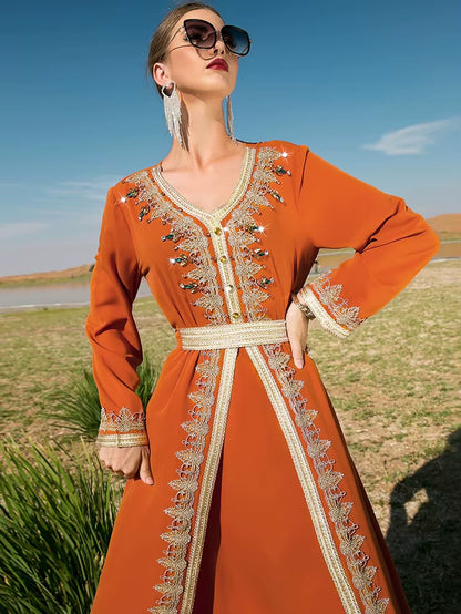 Eid Morocco Muslim Party Dress for Women Abaya Fake 2 Piece Set Islamic Dresses Belt Diamond Kaftan Vestidos Maxi Abayas Caftan