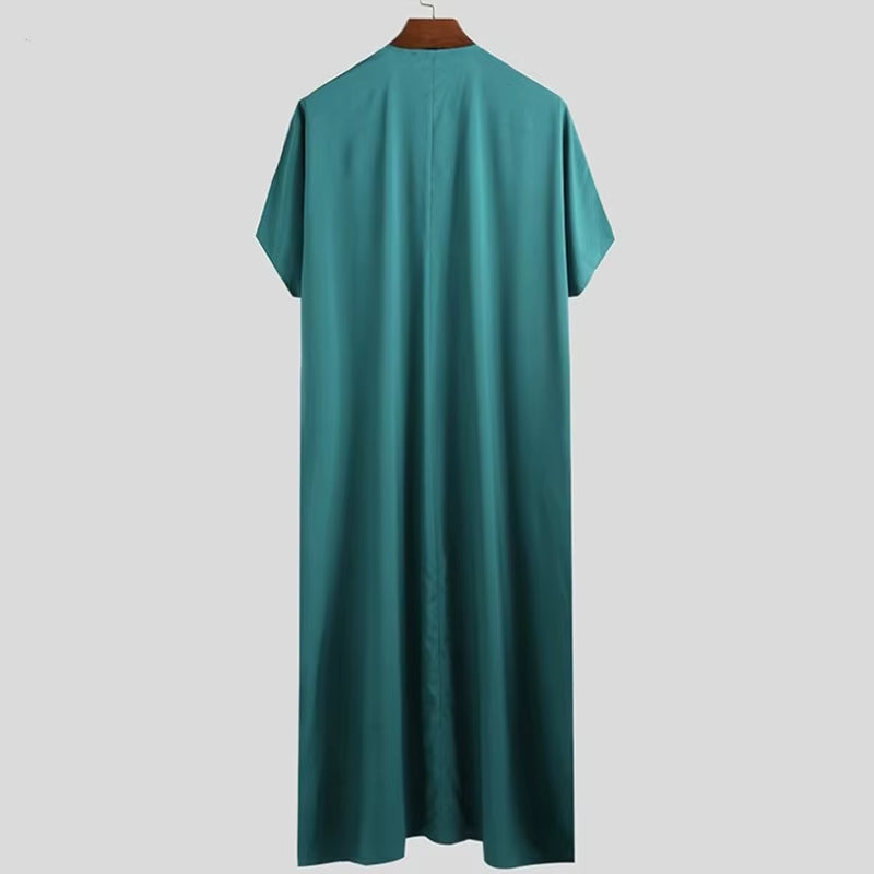 Men Islamic Arabic Kaftan Vintage Solid Short Sleeve Loose Retro Robes Abaya Dubai Middle East Muslim Clothing S-5XL