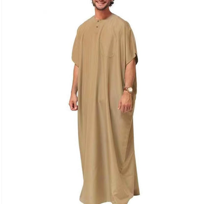 Men Islamic Arabic Kaftan Vintage Solid Short Sleeve Loose Retro Robes Abaya Dubai Middle East Muslim Clothing S-5XL