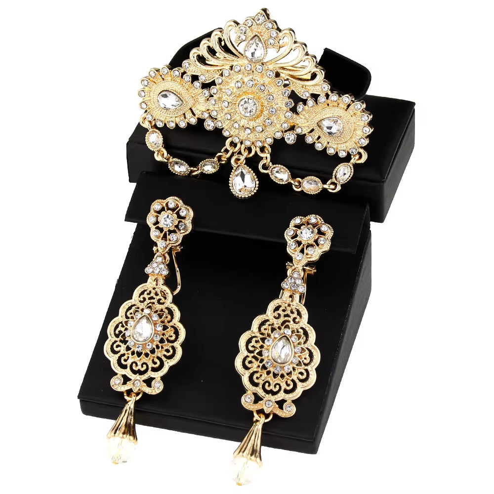 Sunspicems Algeria Morocco Wedding Jewelry Brooch Earring Sets for Women Gold Color Arabic Turkey Abaya Caftan Pins Bijoux Gift