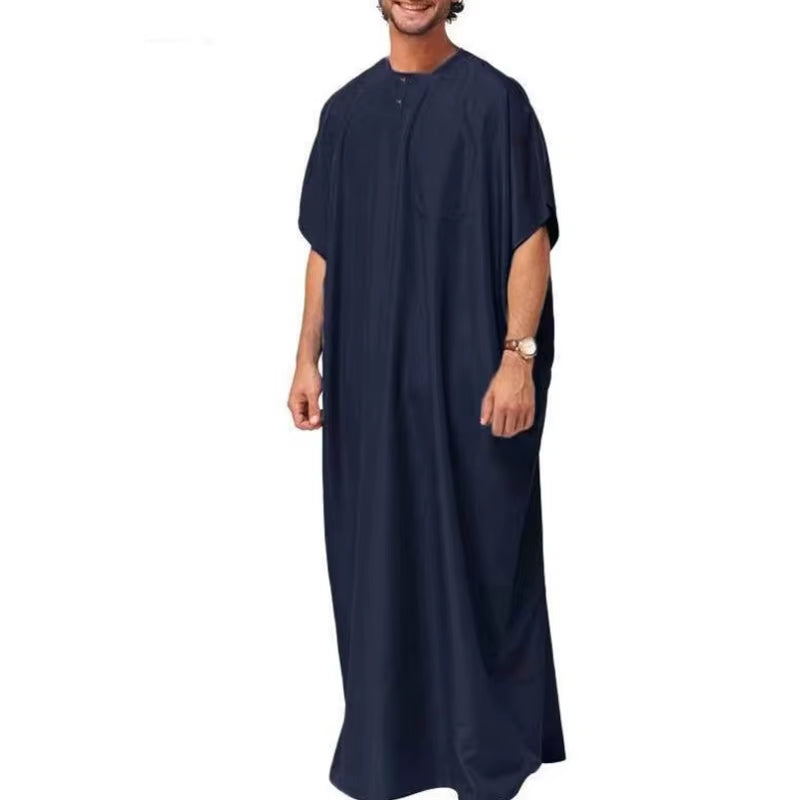 Men Islamic Arabic Kaftan Vintage Solid Short Sleeve Loose Retro Robes Abaya Dubai Middle East Muslim Clothing S-5XL