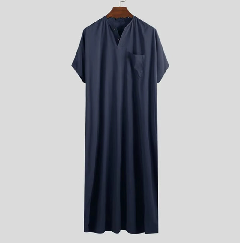 Men Islamic Arabic Kaftan Vintage Solid Short Sleeve Loose Retro Robes Abaya Dubai Middle East Muslim Clothing S-5XL