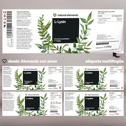 L-Lisina - 365 Cápsulas - 1.000 Mg Por Dosis Diaria - Procedente De Fermentación Vegetal - Producto Vegano, Alta Dosificación, Sin Aditivos - Producido Y Probado En Laboratorio En Alemania