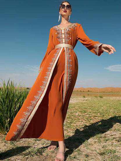 Eid Morocco Muslim Party Dress for Women Abaya Fake 2 Piece Set Islamic Dresses Belt Diamond Kaftan Vestidos Maxi Abayas Caftan