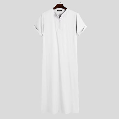 INCERUN Men Muslim Kaftan Short Sleeve Solid O Neck Jubba Thobe Abaya Middle East Dubai Saudi Arabia Islamic Mens Robes S-5XL